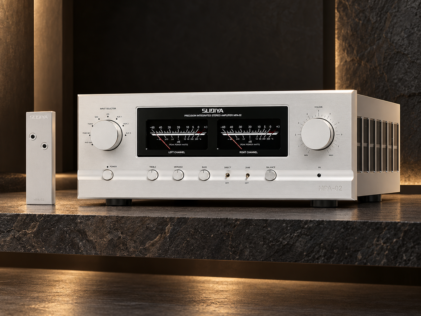 MPA-02 integrated amplifier with brushed silver front and twin meters