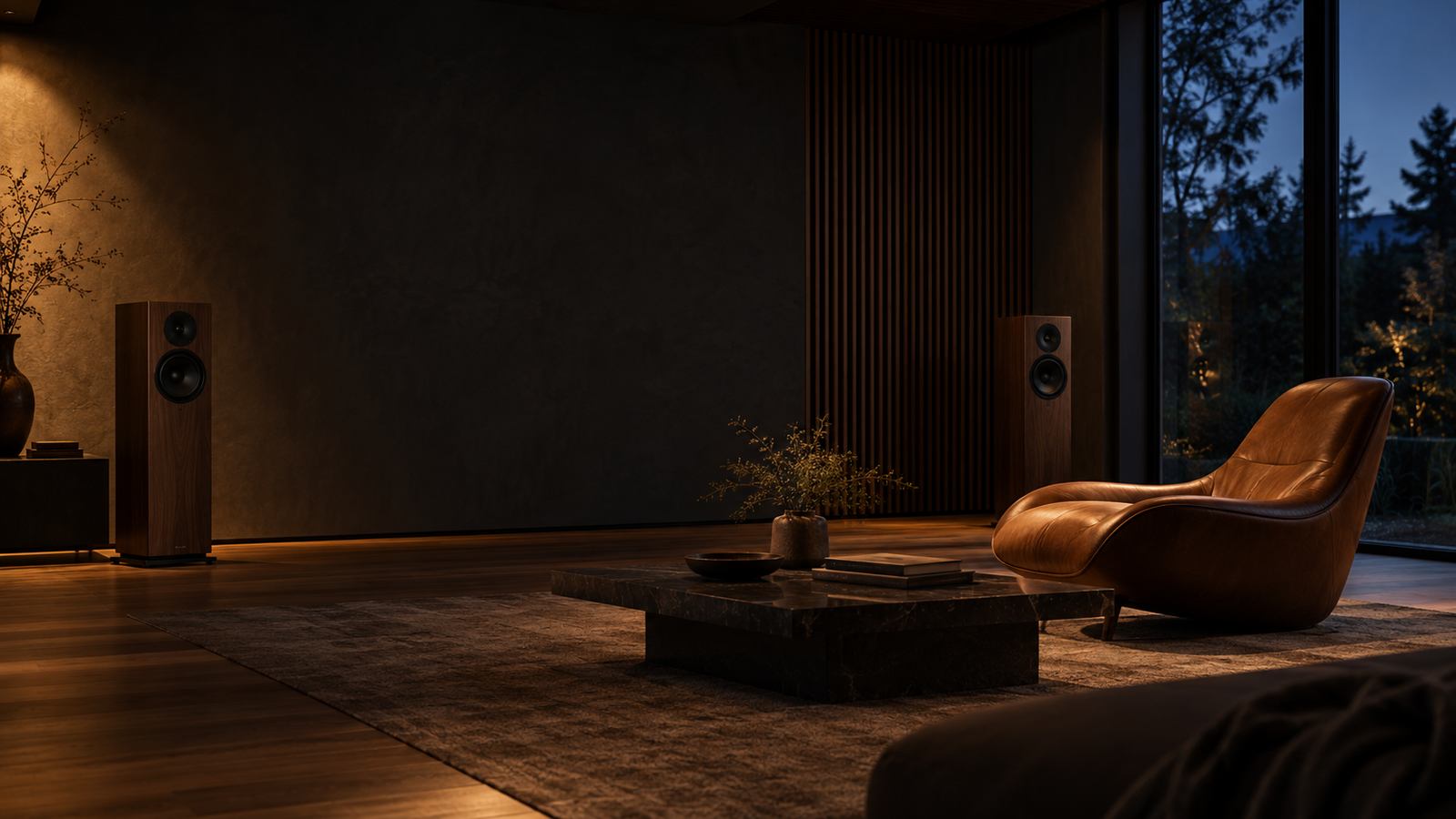 Imagined listening room with charcoal walls, walnut speakers and a leather lounge chair